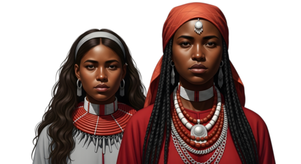 Two young black women wearing traditional african jewelry and clothing, isolated on transparent background