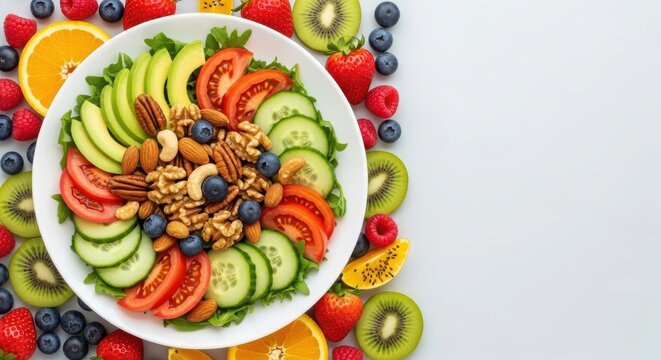Vibrant fresh fruit and vegetable salad with nuts and berries
