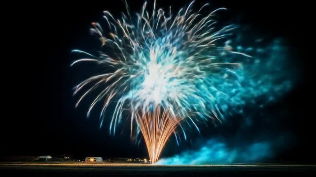Fireworks explode over a dark field with small buildings lit in the distance