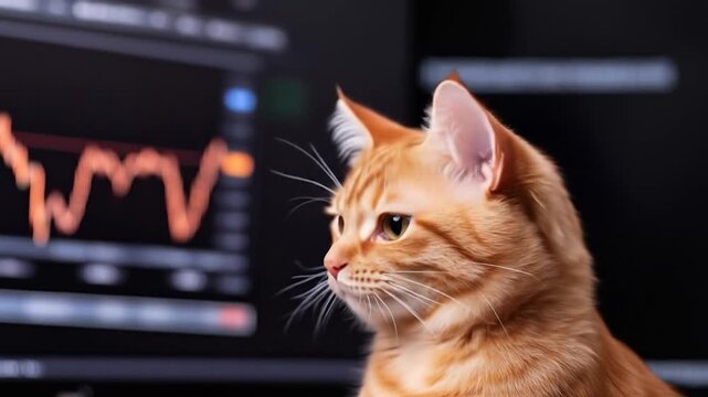 Ginger cat analyzes stock market graph on computer screen for finance data