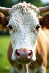 Close-up of a cow's white face, staring intently , farm life, countryside