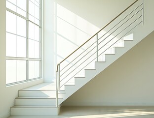 Obraz premium White stairway ascends near large window, bright, sunny