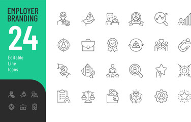 
Employer Branding Line Editable Icons set. Vector illustration in modern thin line style of business related icons: reputation, value proportion, retention, and more. Isolated on background
