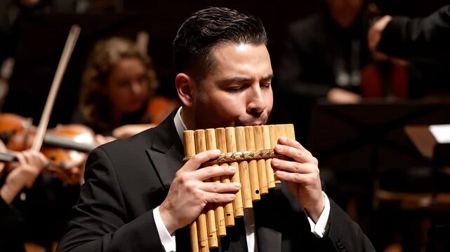 A man in a suit plays a pan flute while the man is performing with an orchestra. The man and orchestra are situated in a dimly lit musical setting indoors.