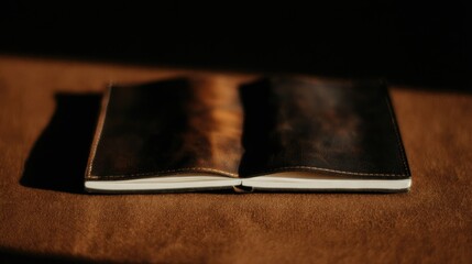Open leather bound notebook on brown surface