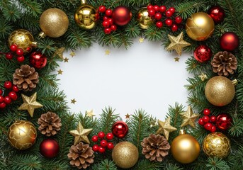 Christmas Festive Arrangement with Green Fir Branches, Shiny Baubles, and Golden Stars
