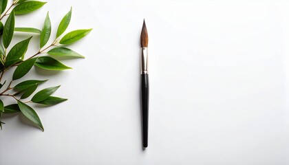 Minimalist photo of a single calligraphy brush placed on a plain white background, poetic composition with soft shadows and artistic simplicity
