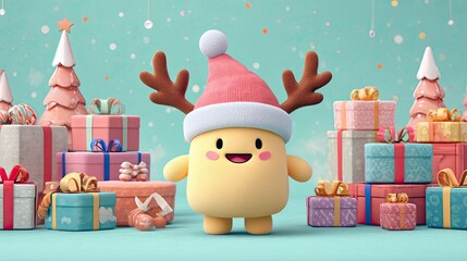 Cute cartoon character with reindeer hat and gifts in festive Christmas winter holiday scene