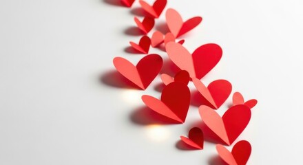 A string of red and pink paper hearts cascading down a white surface with shadows