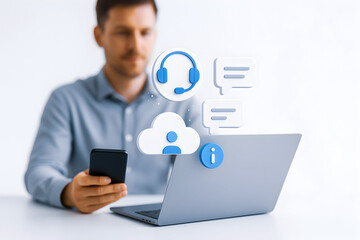 Customer Support and Live Chat Icons with Laptop and Smartphone — 3D Render