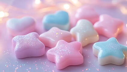 Obraz premium Pastel heart, star candies glimmer on a soft pink background