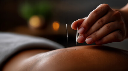 acupuncturist inserts needles into man's body, fragment of therapy session, advertising spa salons therapeutic procedures clinics relaxation and treatment of clients, idea for poster and advertising