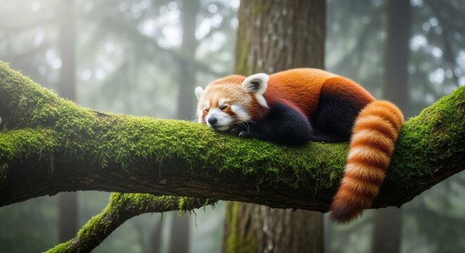 Red panda sleeping on mossy branch wildlife animal photography cute mammal endangered species nature scene