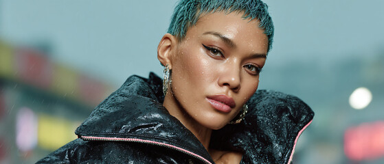Confident woman in a matte black jacket with neon piping stands in a rainy neon street, showcasing futuristic cyberpunk style and bold editorial fashion