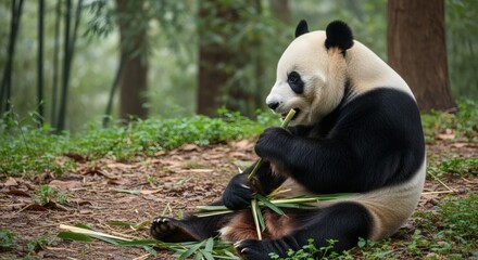 Obraz premium Giant panda eating bamboo in forest nature reserve wildlife conservation adorable panda bear animal photography