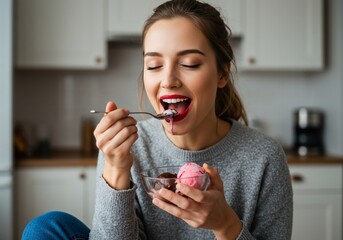 A Moment of Sweet Ecstasy: Woman with Red Lipstick Savoring Melting Ice Cream