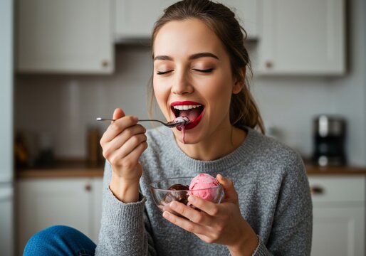 A Moment of Sweet Ecstasy: Woman with Red Lipstick Savoring Melting Ice Cream