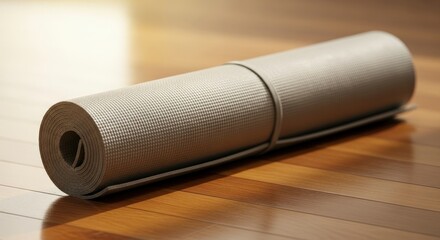 Rolled Yoga Mat on Wooden Floor