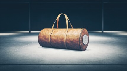 Brown leather gym bag on concrete floor