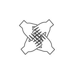 Line art icon showing four human hands interlocked, symbolizing unity, collaboration, and teamwork.