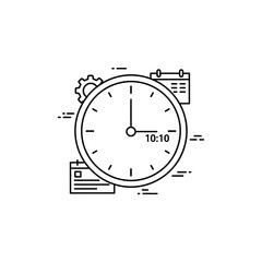 A simple black and white illustration of a clock, calendar, and gear representing time management.