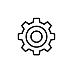 Simple black outline gear icon on a white background, representing settings or machinery.