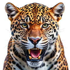 Obraz premium Jaguar, snarling in frontal pose with spotted coat, cutout, PNG isolated on white or transparent background