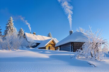 Cozy log cabin with smoking chimney in snow