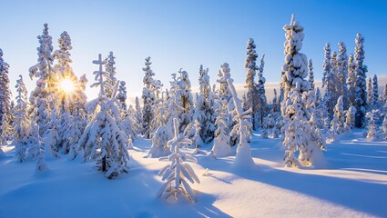 Bright snowy forest under clear sky
