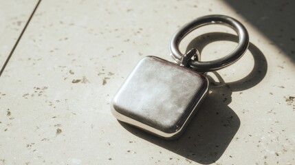 Metallic square keychain on light surface
