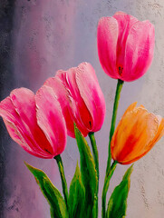 A realistic oil painting of a bouquet of tulips, with voluminous petals painted with a palette knife.