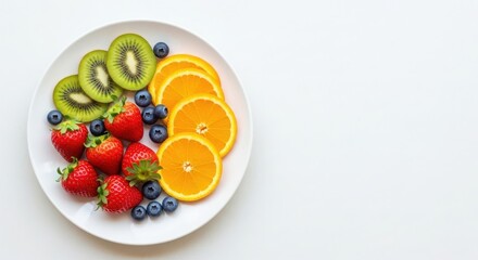 Vibrant plate of freshly sliced fruits including strawberries oranges kiwis and blueberries