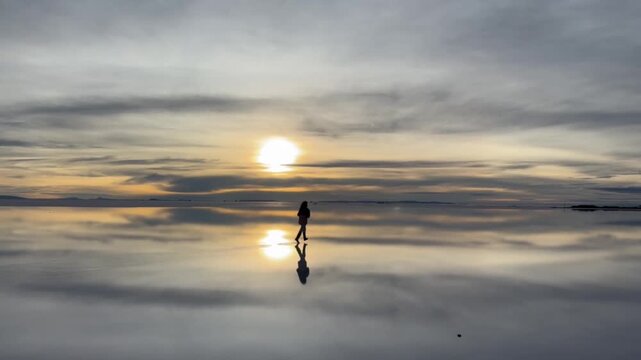 Mujer corriendo en el Salar de Uyuni al amanecer. 