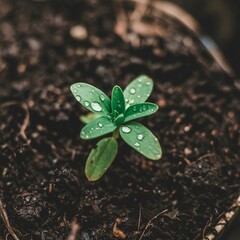 Naklejka premium Seedling growing in soil with water droplets close up nature photography plant