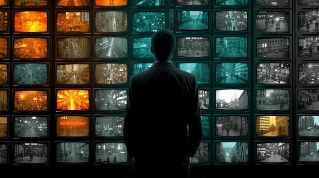 Surveillance Control Room: Security monitor wall displaying live camera feeds forming cityscape pattern  
