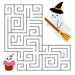 Halloween maze game for kids. Cute ghost on a broom looking for a way to the cupcake. Printable worksheet with solution for school and preschool. Vector cartoon illustration.