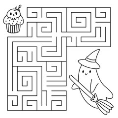 Halloween maze game for kids. Cute line ghost on a broom looking for a way to the cupcake. Printable worksheet with solution for school and preschool. Vector cartoon illustration.