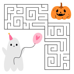 Halloween maze game for kids. Cute ghost with a balloon looking for a way to the pumpkin. Printable worksheet with solution for school and preschool. Vector cartoon illustration.