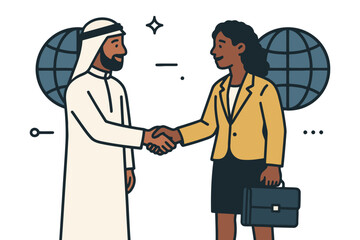 Diverse business professionals shaking hands with globes representing international partnership