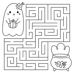 Halloween maze game for kids. Cute line ghost with pumpkin looking for a way to the magic pot. Printable worksheet with solution for school and preschool. Vector cartoon illustration.