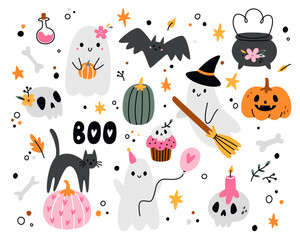 Halloween set with cute elements. Halloween stickers, ghosts, bats, magic pot, candle, pumpkins, cat, cupcake and skull. Vector cartoon illustration for children.