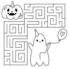 Halloween maze game for kids. Cute line ghost with a balloon looking for a way to the pumpkin. Printable worksheet with solution for school and preschool. Vector cartoon illustration.