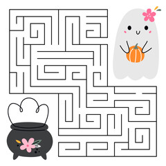 Halloween maze game for kids. Cute ghost with pumpkin looking for a way to the magic pot. Printable worksheet with solution for school and preschool. Vector cartoon illustration.