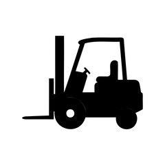 Simple isolated black forklift silhouette on white background for logistics industry
