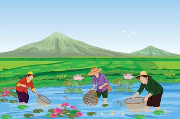 Rural villagers are fishing in the pond.vector design