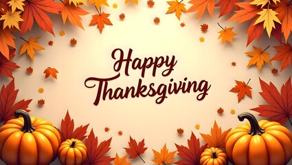 Picture of a thanksgiving card with pumpkins and autumn leaves on a white surface, showing festive seasonal decoration for holiday celebrations