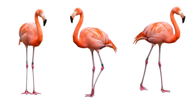 Flamingo bird animal set isolated on white background with clipping path, exotic tropical wading birds standing and walking, pink flamingos wildlife collection for zoo, nature, and design concepts