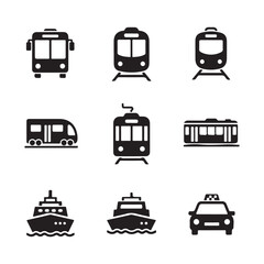 Minimal Public Transportation Icons Set – Silhouette Vector Symbols for Bus, Train, Metro, on white background.