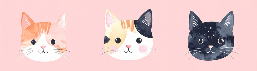 Cute cat faces, panoramic banner with happy, smiling kitty faces isolated on pink background, banner for kids or cat or pet owners website, landing page or newsletter