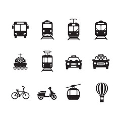 Minimal Public Transportation Icons Set – Silhouette Vector Symbols for Bus, Train, Metro, on white background.